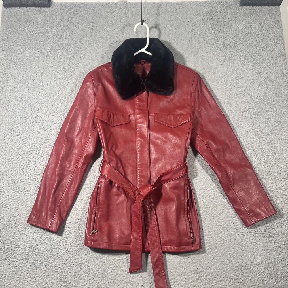 VTG Valerie Stevens L New Zealand Lambskin Leather Red Belted Fur Coat Jacket